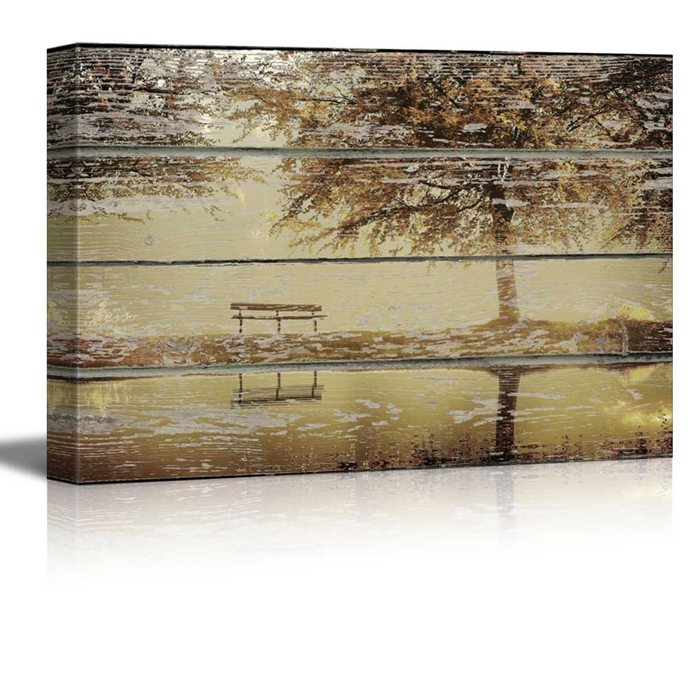 wall26 Canvas Wall Art Autumn View with a Tree by a Lake on Vintage Wood