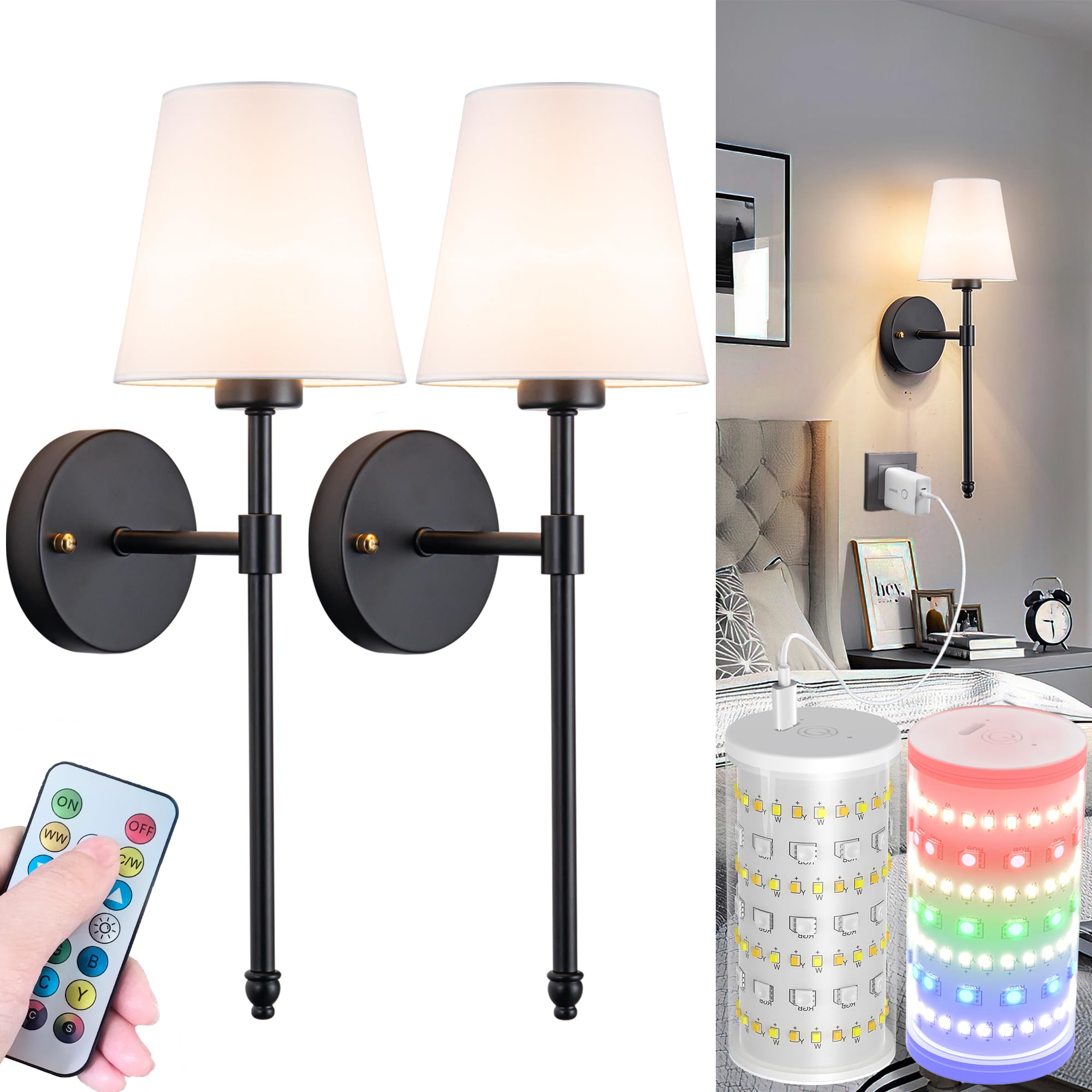 Photo 1 of Battery Operated Wall Sconces Set Of 2, Wireless Battery Wall Light With 10000mAh RGB Rechargeable Magnetic Bulb, Rechargeable Wall Sconce With Remote Control For Bedroom, No Electrician Required