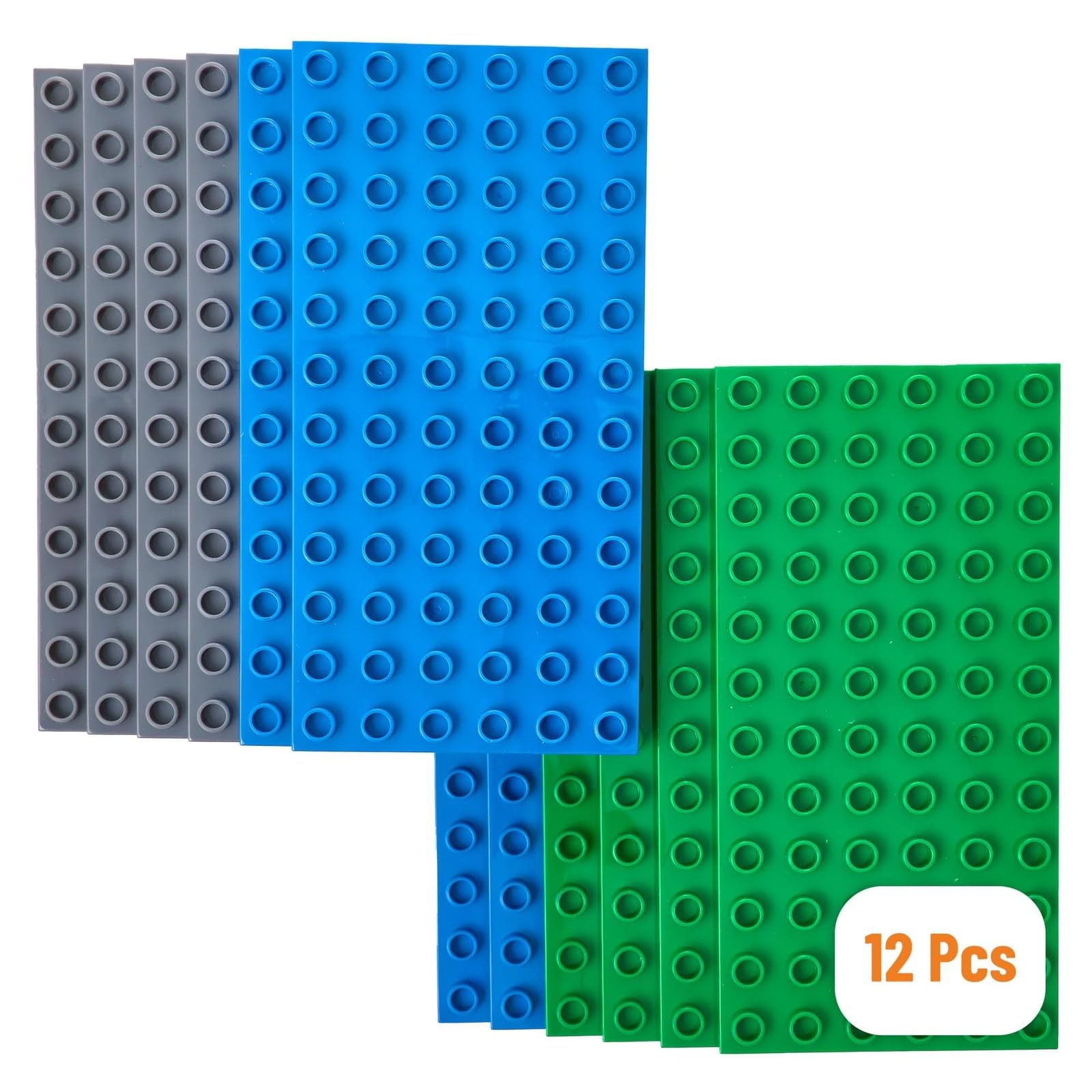 Strictly Briks Premium Big Briks Blue, Gray, and Green 7.5" x 3.75" Baseplate Set - 12 Pack - Compatible with All Major Large Size Brands – Large Pegs Only