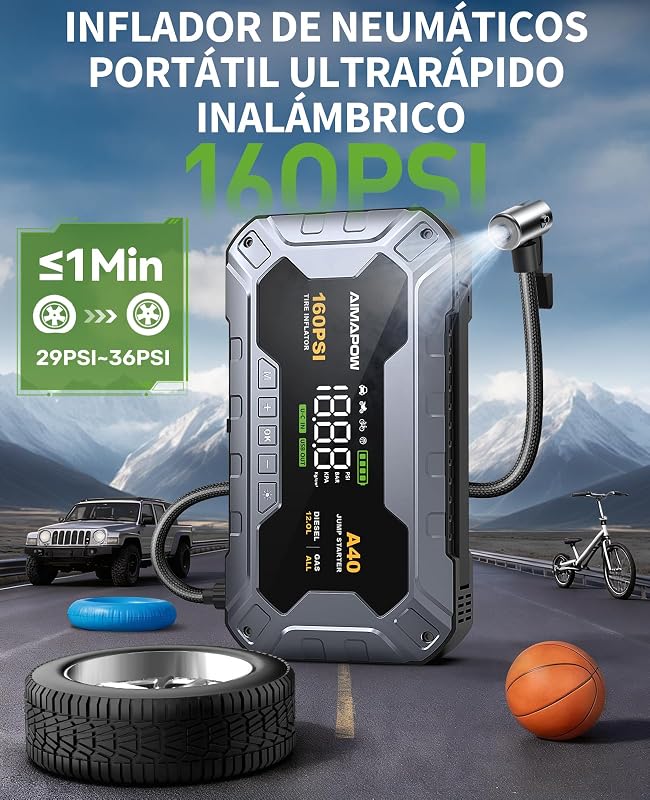Arrancador de Coches 9000A con Compresor, 160PSI Inflador de Neumáticos, Jump Starter 12V, Arrancador de Baterias de Coche (Todo Gasolina o 12L Diésel), Pantalla LCD, Luz LED, USB-C Portátil