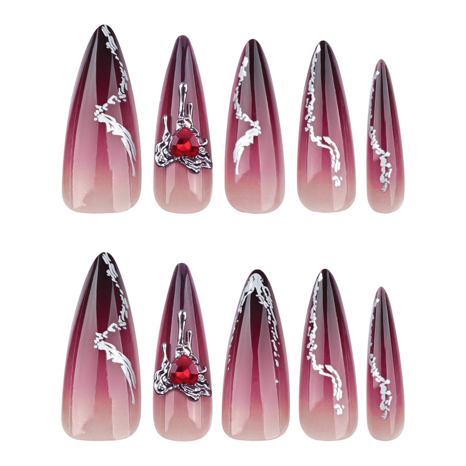 24 Pcs Dark Red Press on Nails Long Almond Fake Nails with Glitter Rhinestones Design Reusable False Nails Kit Acrylic Nails Press ons Artificial Stiletto Nails Full Cover Stick on Nails for Women - Image 5