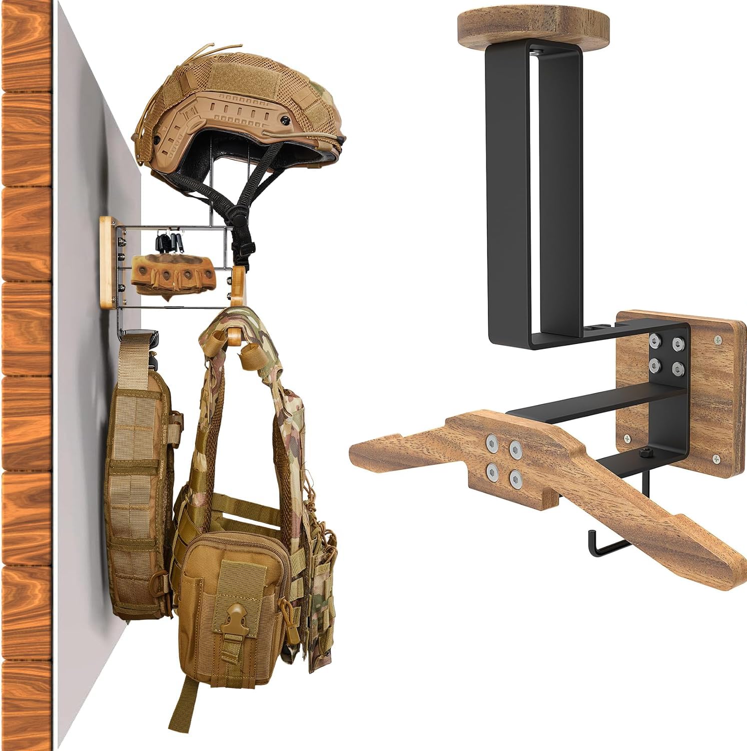 WLSANX Tactical Gear Wall Mount, Motorcycle Helmet Holder Stand Jacket Hanger Plate Carrier Rack Display Organizer for Police Football Cycling Suit (Raw wood)