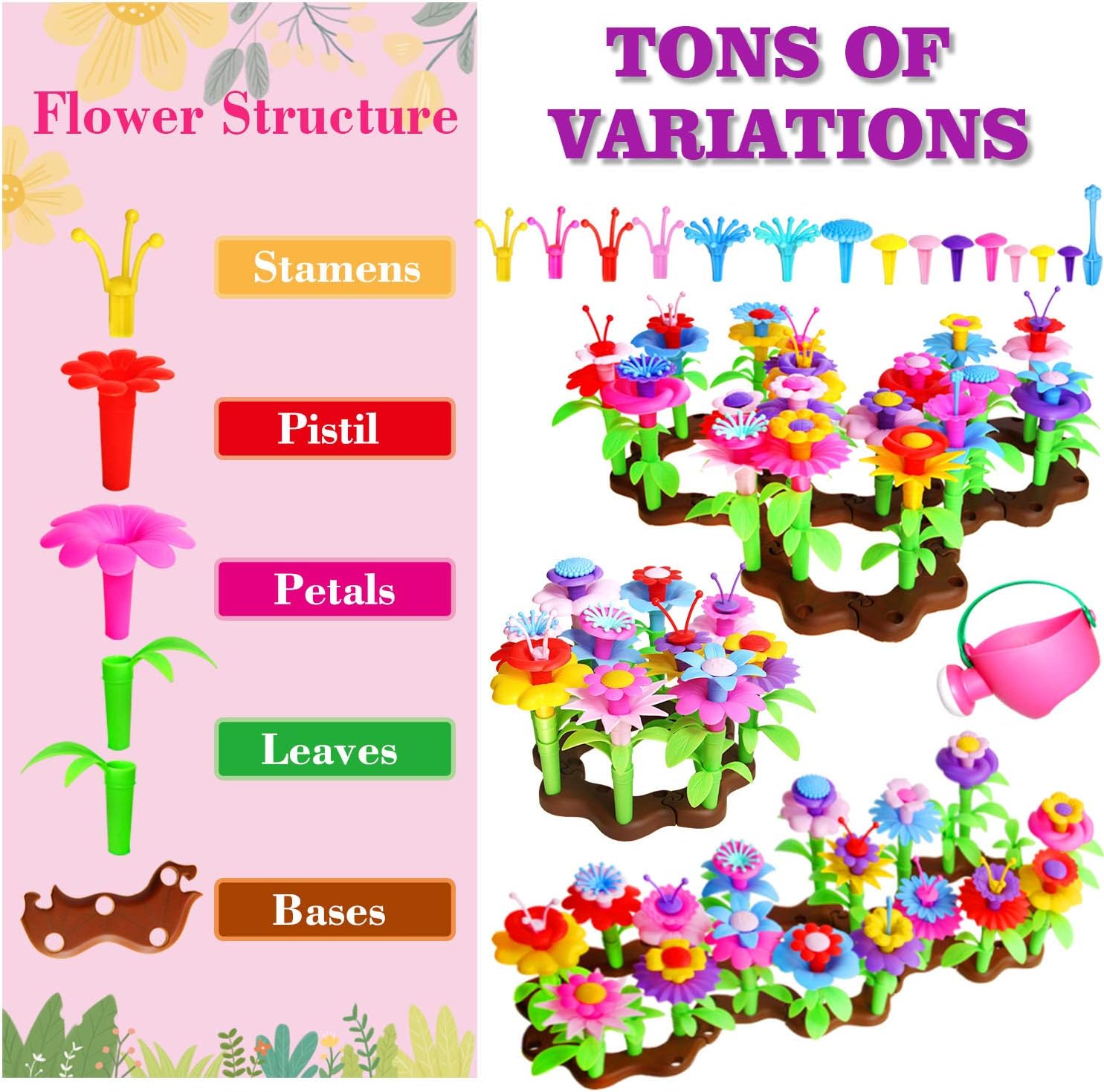 ROSYKIDZ Flower Garden Building Toys for Girls - [ 106 PCS ] STEM Toy Gardening Pretend Play Gift for Kids Age 3 4 5 6 Years Old - Preschool Children Girl Gifts Toys Set with Storage Bag: Toys & Games