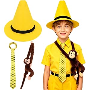 Benwanfee Man Yellow Hat Costume Accessories Set with Polka Dot Tie & Stuffed Monkey, Book Character Dress Up Accessories for