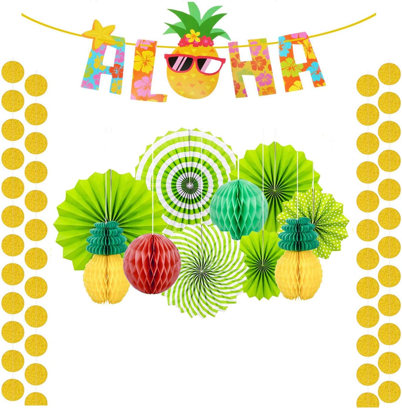 TsLinc Summer Party Decoration Set Hanging Paper Fans Pineapple and Flamingo Flower Garland Banner for Hawaiian Luau Beach Birthday Wedding Photo Backdrop