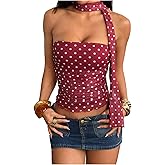 Milumia Women's Polka Dots Mesh Tube Tops Y2k Strapless Scarf Halter Top Going Out Clubbing Outfits
