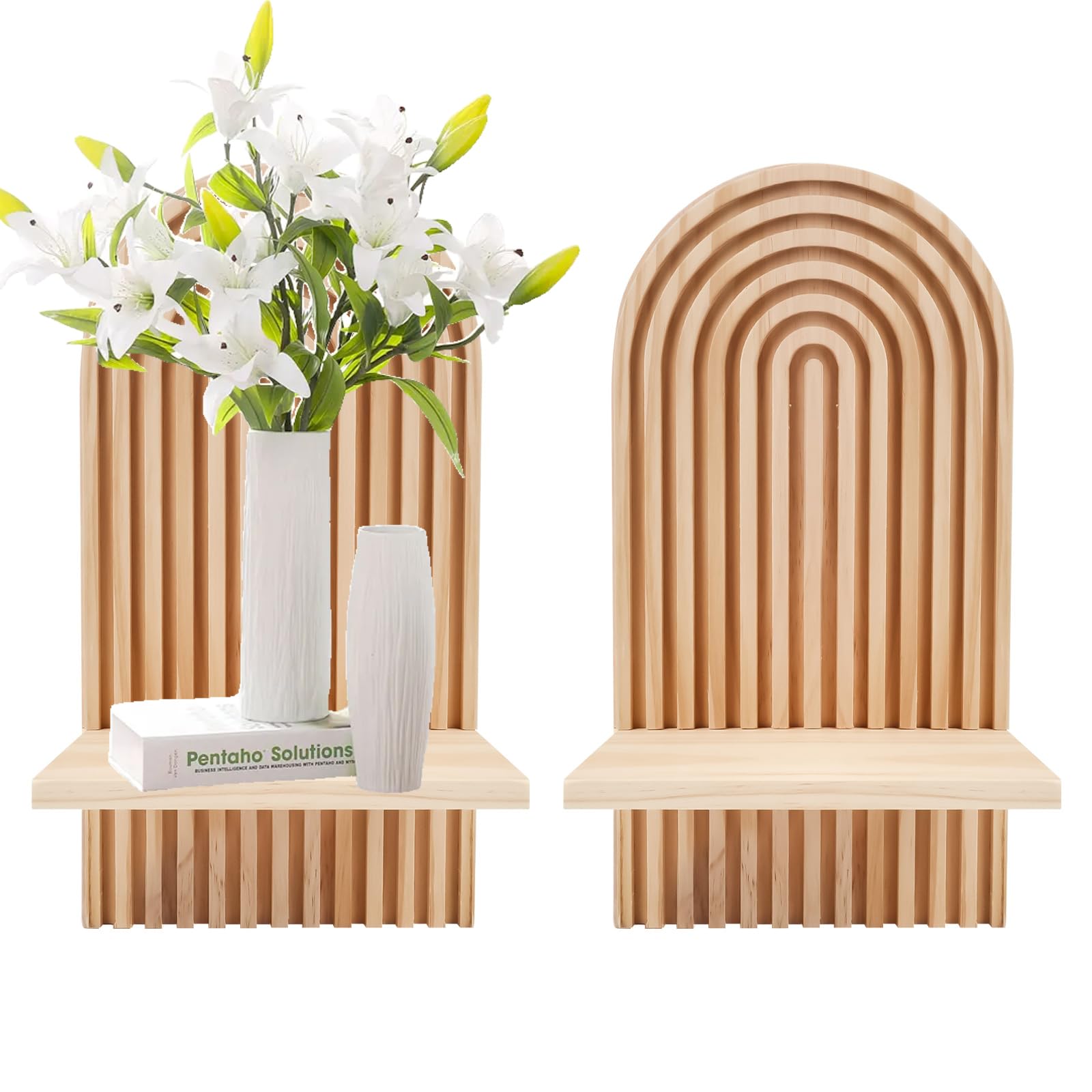 Tefola 2 Pcs Bohemian Wooden Wall Shelves, Arched Striped Wood Panels with Floating Shelves, Boho Wooden Decor Wall Shelf for Pots Books Candles Photos, Nursery Bedroom Kitchen Office (Nature 1 Tier)