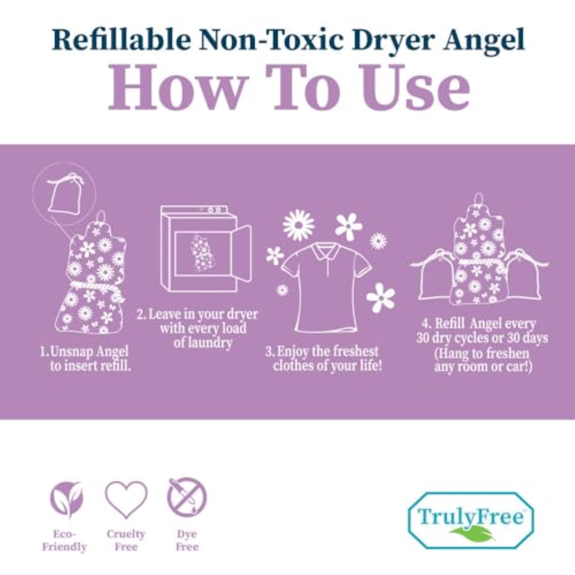 Dryer Angel: Refillable Non-Toxic Dryer Sheet Alternative, Fabric Softener and Scent Booster - Includes: 1 Dryer Angel Cover with 2 Refills