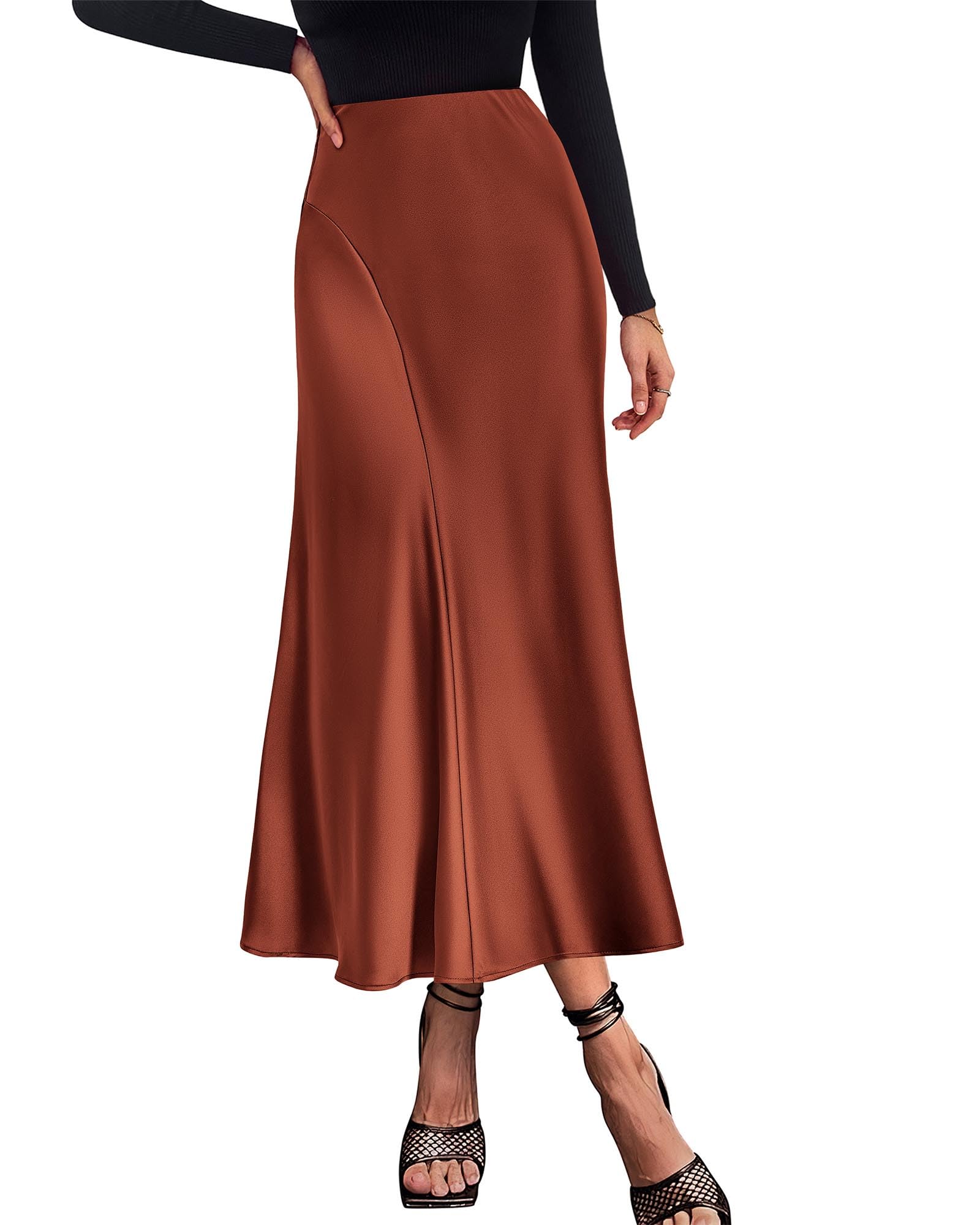 Photo 1 of (SMALL-MED) (BAGGED) KIRUNDO High Waisted Skirts for Women Midi Length Silk A Line Solid Satin Dress Elegant Flared Long Flowy Brown Skirt Summer Fashion Clothes(Brown, Medium)