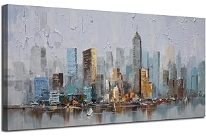 Enartly Abstract Cityscape Canvas Wall Art New York City Painting Modern Skyline Colorful NYC Grey Blue Picture, Large Size Framed for Bedroom Living Room Bathroom Home Office Wall Decor 48"x24"