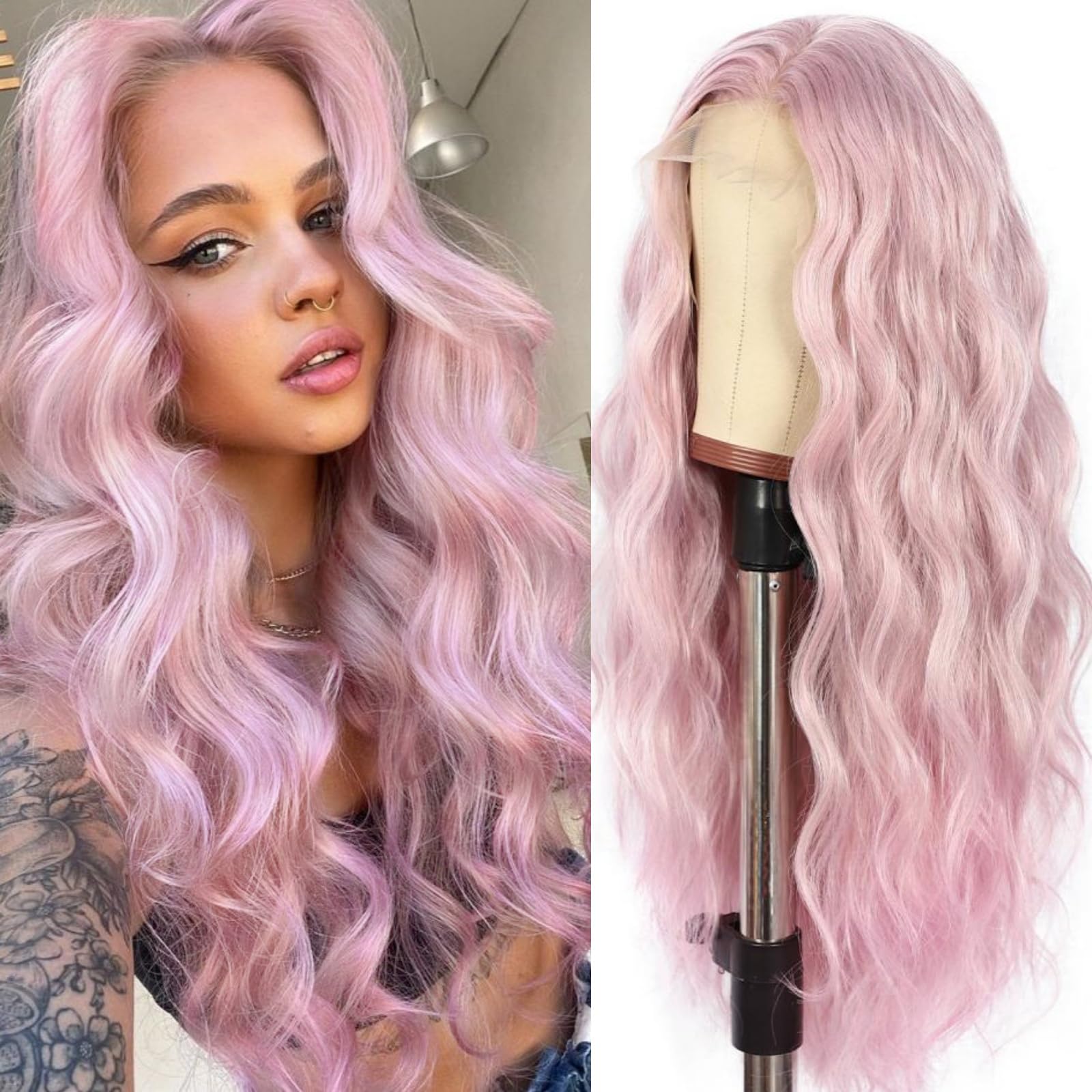 Photo 1 of SAPPHIREWIGS 13×4 Synthetic Lace Front Wig Body Wave Heat Fiber Hair Lavender Color with Pink Tips Long Wavy Wigs for Women Half Hand Tied Made Halloween Cosplay Daily Uses 24 Inch