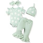 Renotemy Newborn Baby Girl Clothes Infant Romper Spring Summer Outfits Gifts Bell Bottoms Pant Sets for Girls Preemie-12Month