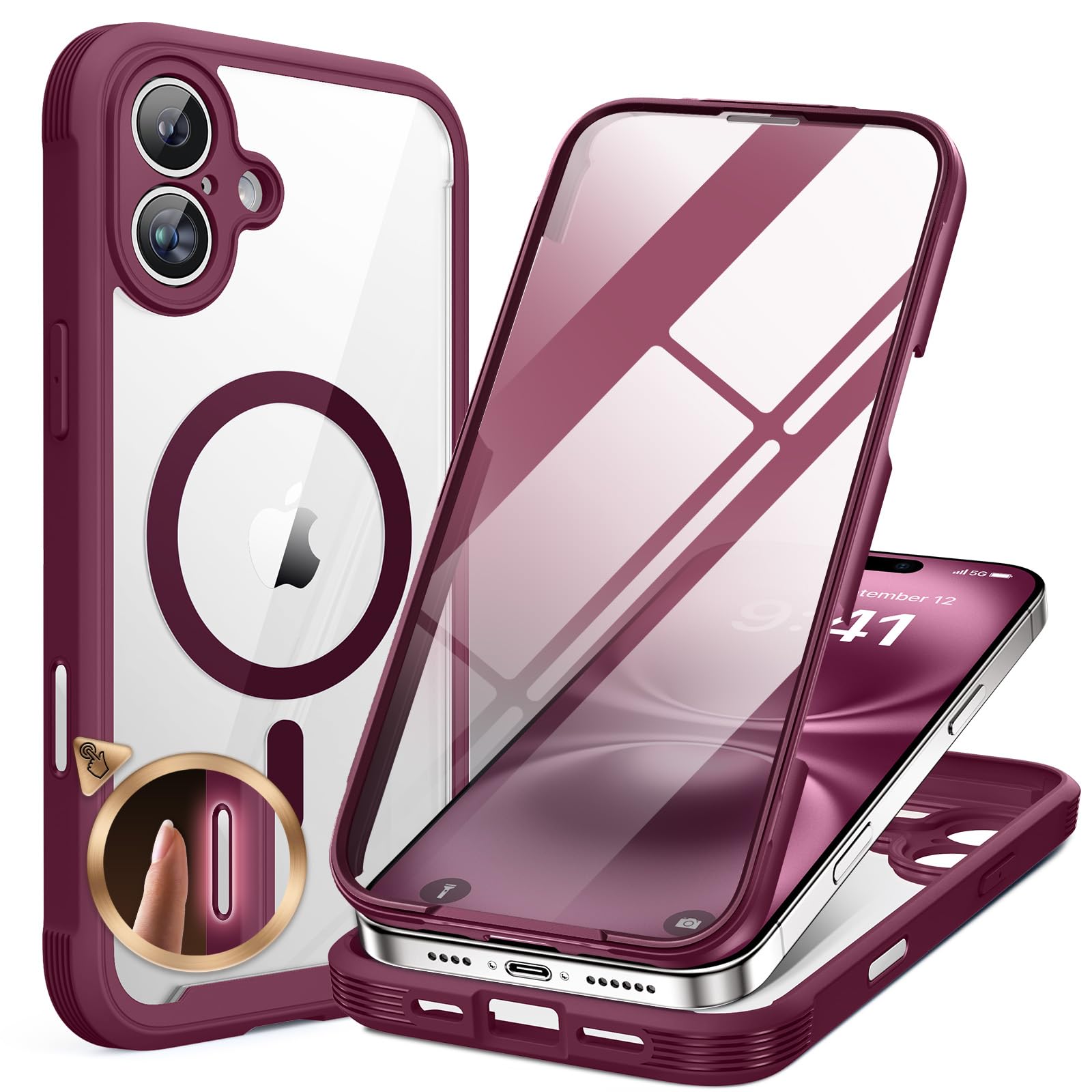 Photo 1 of Miracase for iPhone 16 Case 6.1'', [Bubble Free] Full-Body Bumper Phone case with Built-in Full Glass Screen &Lens Protector,No Gap,Compatible with MagSafe,Drop Proof 16 Cover, Plum