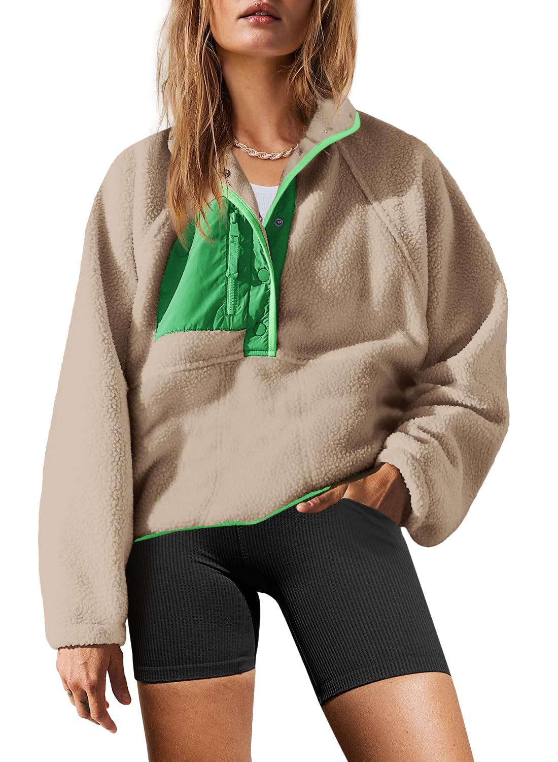 Photo 1 of Yanekop Womens Fuzzy Fleece Pullover Sherpa Sweatshirt Long Sleeve Button Down Sweater Winter Fleece Jacket with Pockets(Green Khaki,S)