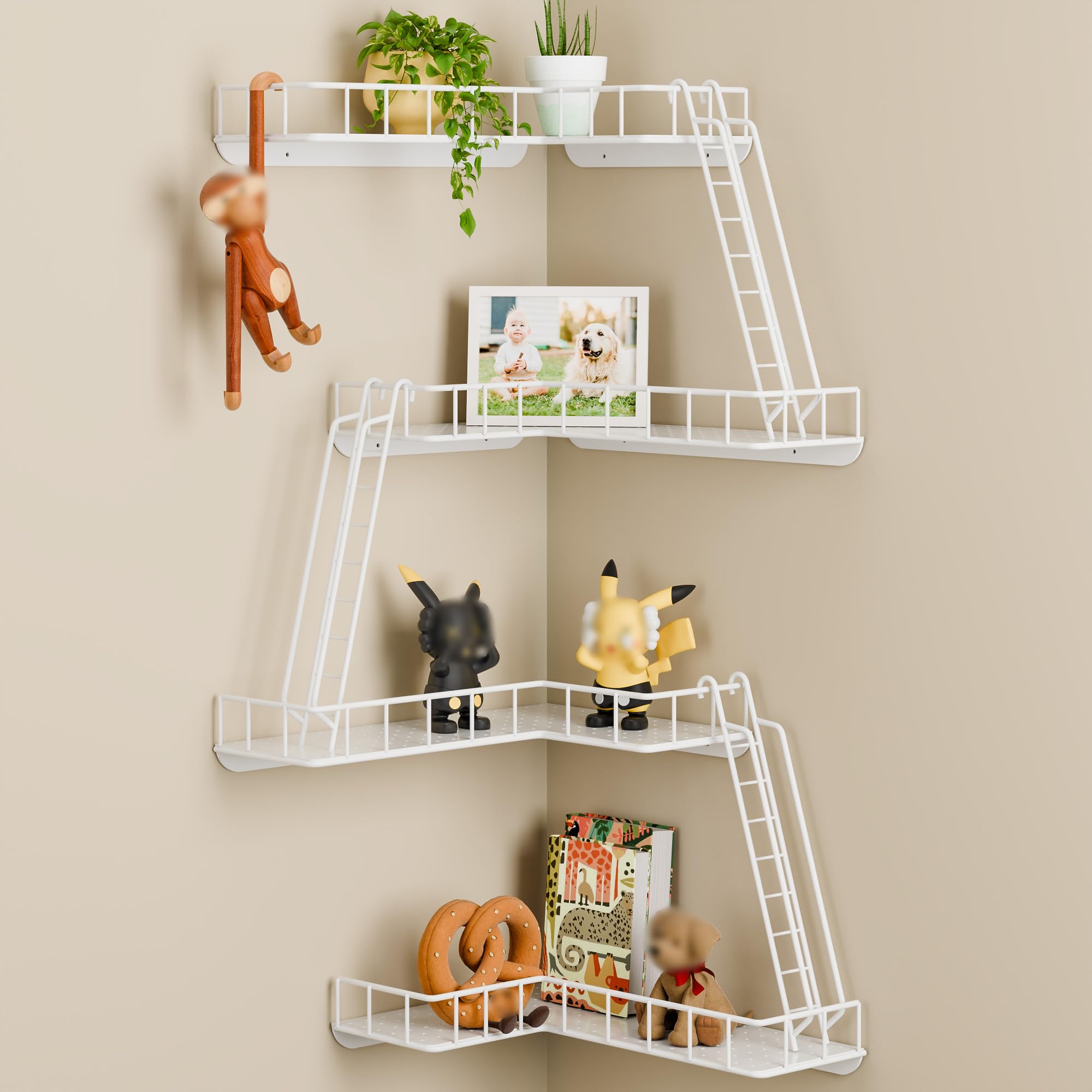 Photo 1 of WOPITMER Fire Escape Wall Shelf - Modern City Style 4-Tier Corner Wall Shelves, Easy to Install Metal Ladder Shelf for Figures, New York Decorative Shelves for Bathroom, Living Room & Home Decor,White