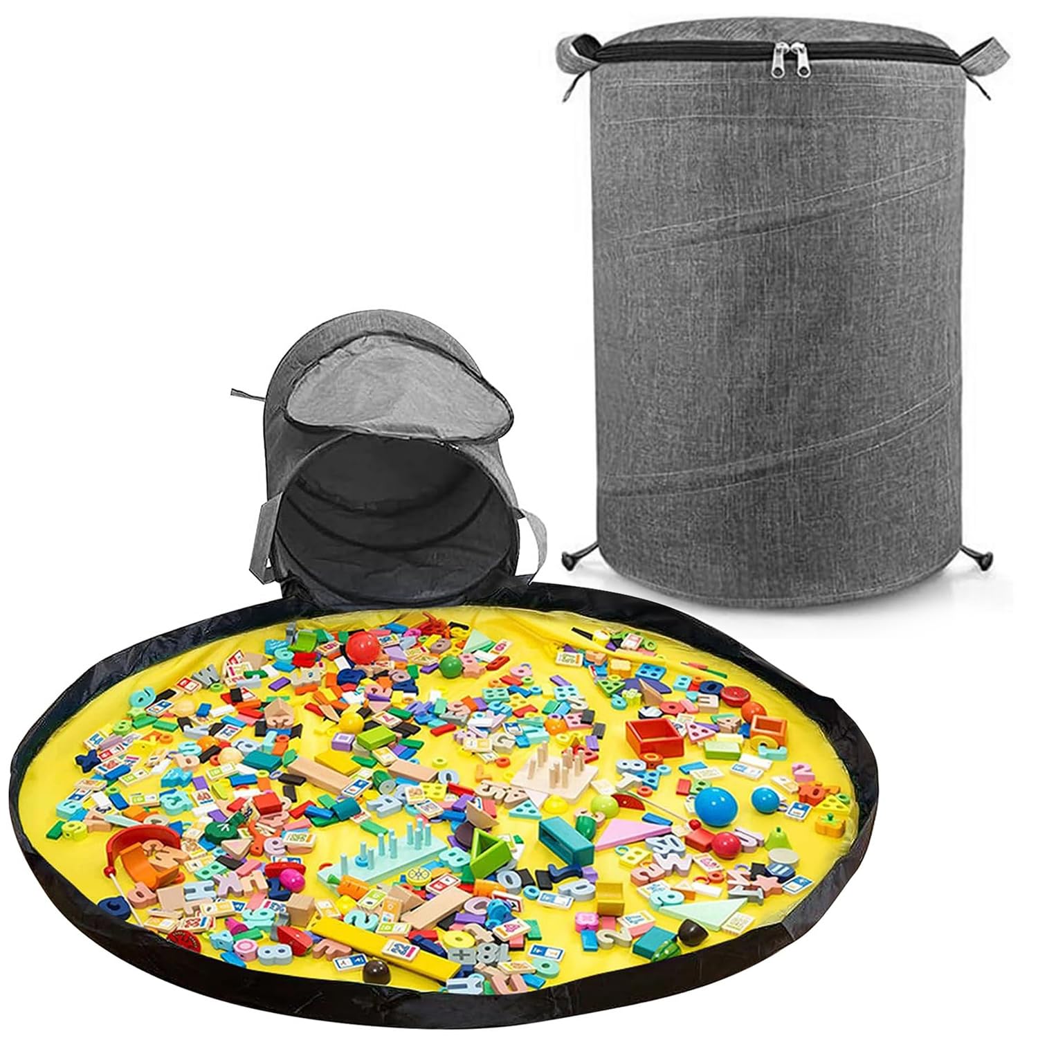 Modojuny Kids' Toy Storage Organizers with Play Mat, Large Kids Canvas Bag/Bin with Zipper for Building Blocks, Cars, Dolls and Other Toys - Grey