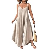 WDIRARA Women's Plus Size Tie Shoulder Sleeveless Jumpsuit Backless Textured Wide Leg Pants Romper