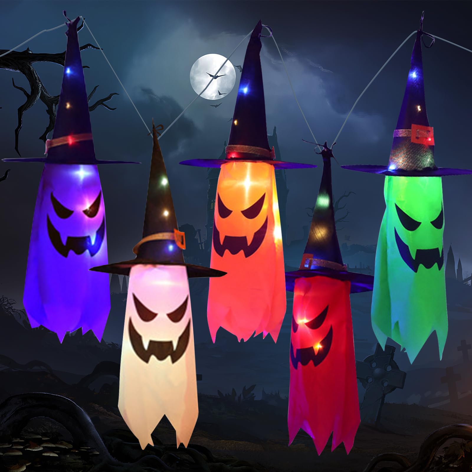 Photo 1 of 10ft String of 5 Lighted Hanging Ghost with Witch Hats, Scary Halloween Ornaments Decorations for Tree Yard Porch Garden, Battery Operated String Lights Indoor Outdoor Party Favors for Haunted House