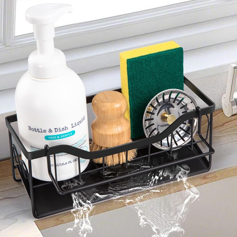Sinnsally Sink Caddy Tidy Organizer with Self Draining Tray Sponge Holder
