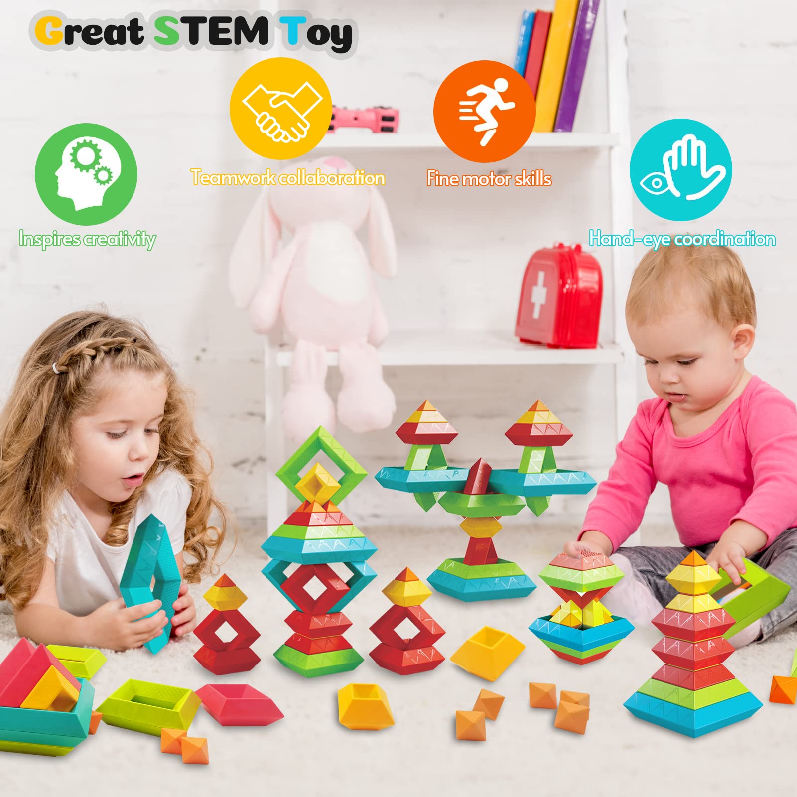 Stacking Toys Building Blocks for Toddlers 60 PCS Montessori Toys for 3 4 5 6 Year Old Sensory Toys Preschool Learning Activities Stem Educational Pyramid Magic Tower Gifts Set for Kids Boys Girls