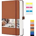 EMSHOI Lined Journal Notebook, 120 gsm Leather Hardcover with Sticky Notes & 256 Numbered A5 Pages – College Ruled Notebook for Writing, Work, School, Men, Women | 5.75”x8.38” – Brown