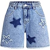 WDIRARA Girl's Star Patchwork Denim Bermuda Shorts Elastic High Waisted Raw Hem Jean Shorts