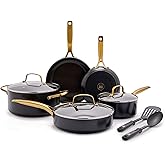 Blue Diamond Gold 10 Piece Cookware Pots and Pans Set, Induction Suitable, Diamond Infused PFAS-Free Ceramic Nonstick, Durable, Metal Utensil Safe, Dishwasher Safe, Gold Handle, Black
