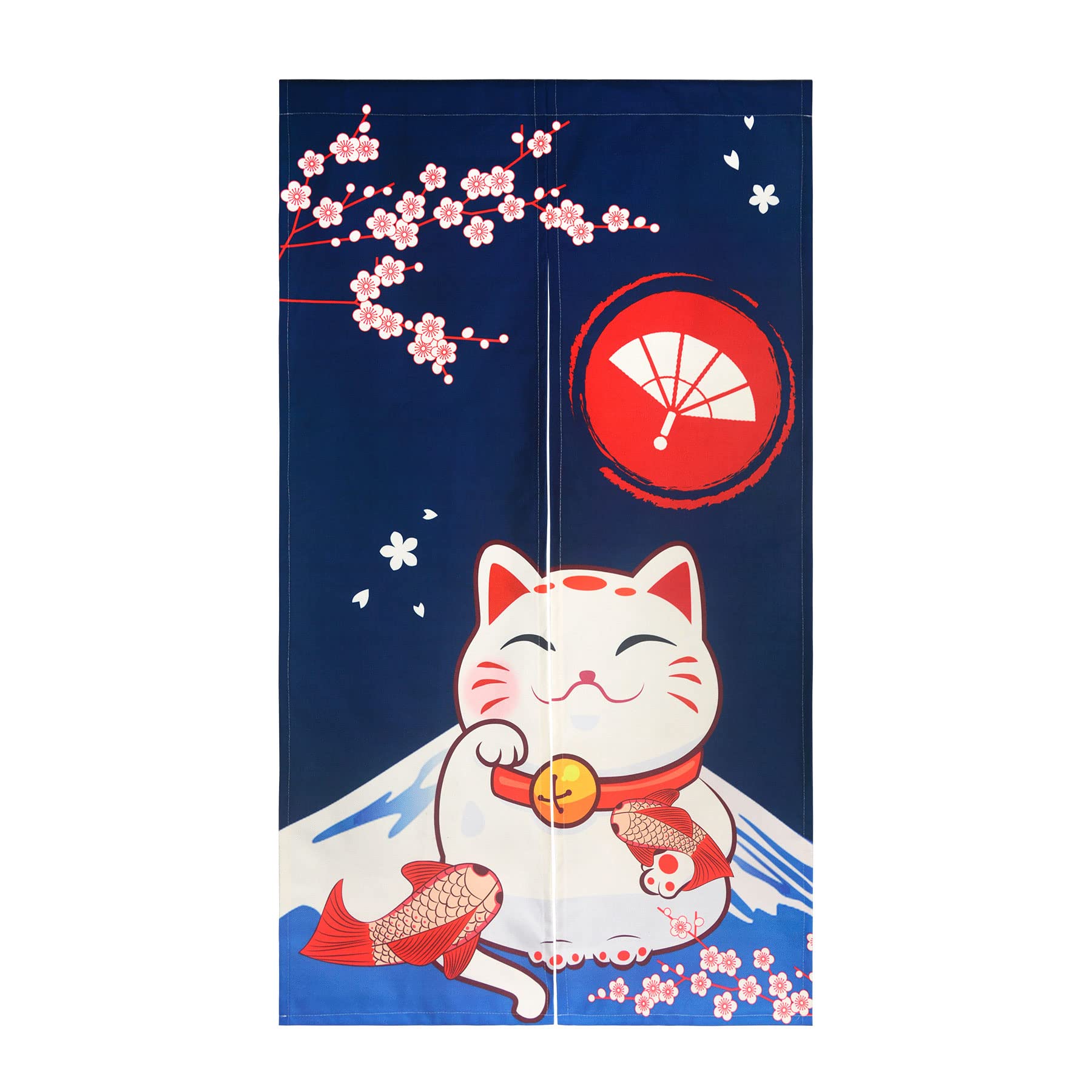 LIGICKY Noren Doorway Curtain Japanese Style Traditional Mountain Fuji Lucky Cat Cherryblossom Printed Cotton Linen Window Treatment Door Tapestry for Home Decoration 85 x 150 cm,Navy Blue