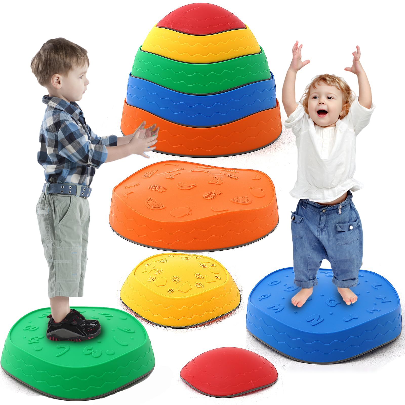 Kids Balance Stepping Stones 5PCS Non-Slip Stepping Stones Stackable Balance Blocks Toy Indoor Outdoor Play Equipment Balance Beam Game for Obstacle Course Sensory Play for Children and Toddlers