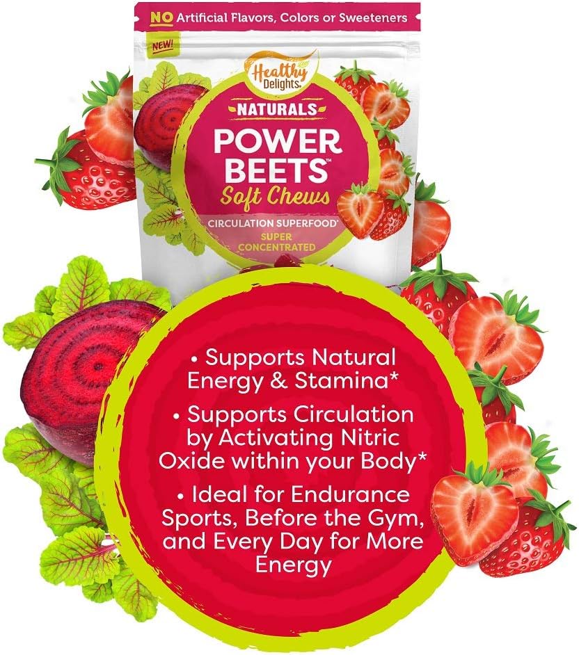 Healthy Delights Naturals, Power Beets Soft Chews, Super Concentrated, Circulation Superfood, Supports Natural Energy & Stamina, Delicious Strawberry Burst Flavor, 30 Count: Health & Personal Care
