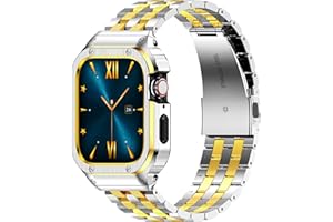 AMZNEW HASLFM Stainless Steel Band with Case Compatible with Apple Watch Series 9 8 7(41mm), 6 5 4 SE3/2/1(40mm), Series 3 2 1(38mm), Metal Protective Bumper Cover for iWatch Bands Men,Silver/Gold