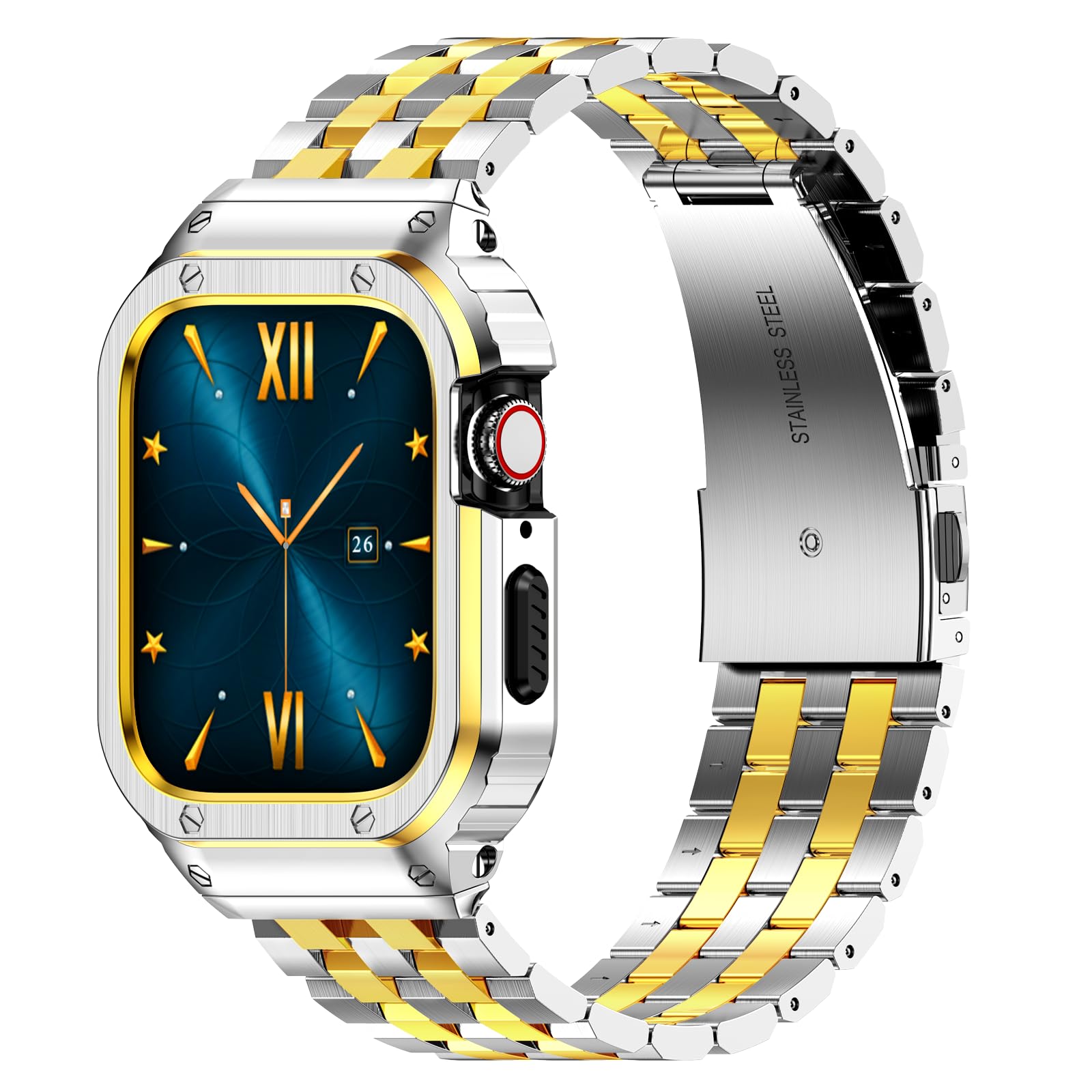HASLFM Apple Watch Straps Compatible for Apple Watch 41m(Series 9/8/7), 40m(Series 6/5/4/SE), 38mm(Series 3/2/1),Rugged Metal Stainless Steel iWatch Band with Protective Case for Men，Silver-Gold