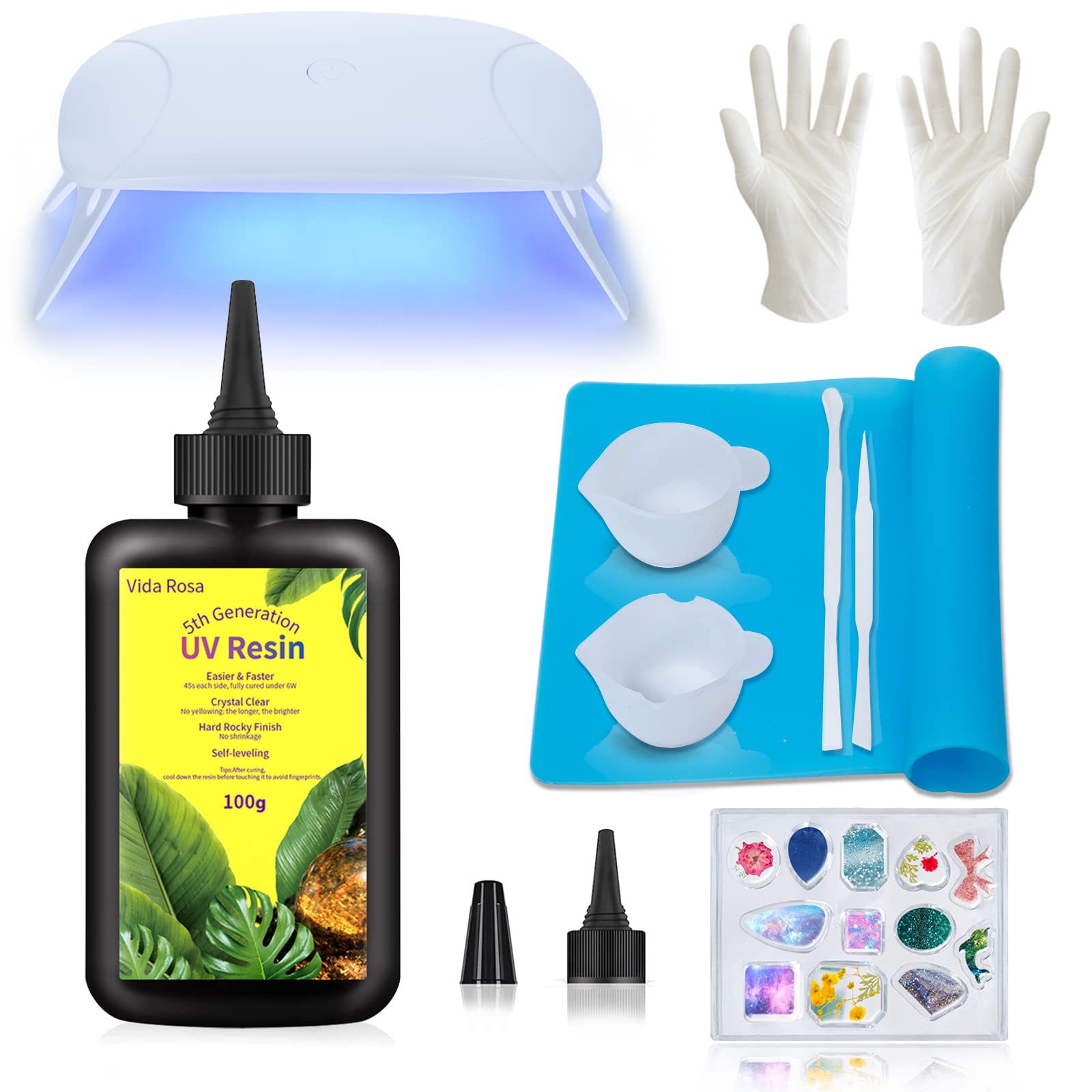 VidaRosa UV Resin Kit with uv lamp, Super Crystal Clear Hard Resin Glue Sunlight Curing UV Resin Starter Kit for beginners
