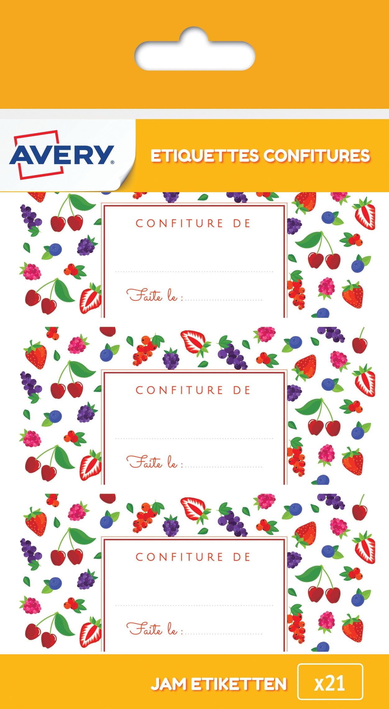 AVERY - Pack of 21 red Fruit jam Labels - 95 x 40 mm