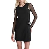 DKNY Women's Long Mesh Sleeves Jewel Neck Double D Hardware Mini Dress