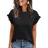 AUTOMET Womens Summer Short Sleeve Tops Trendy Business Casual Tshirts 2026 Cute Dressy Ruffle Crewneck Fashion Work Outfits