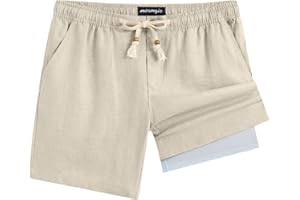 maamgic Mens Casual Linen Shorts 5/7 Inch Elastic Waist Drawstring Summer 2 in 1 Beach Short with Pockets
