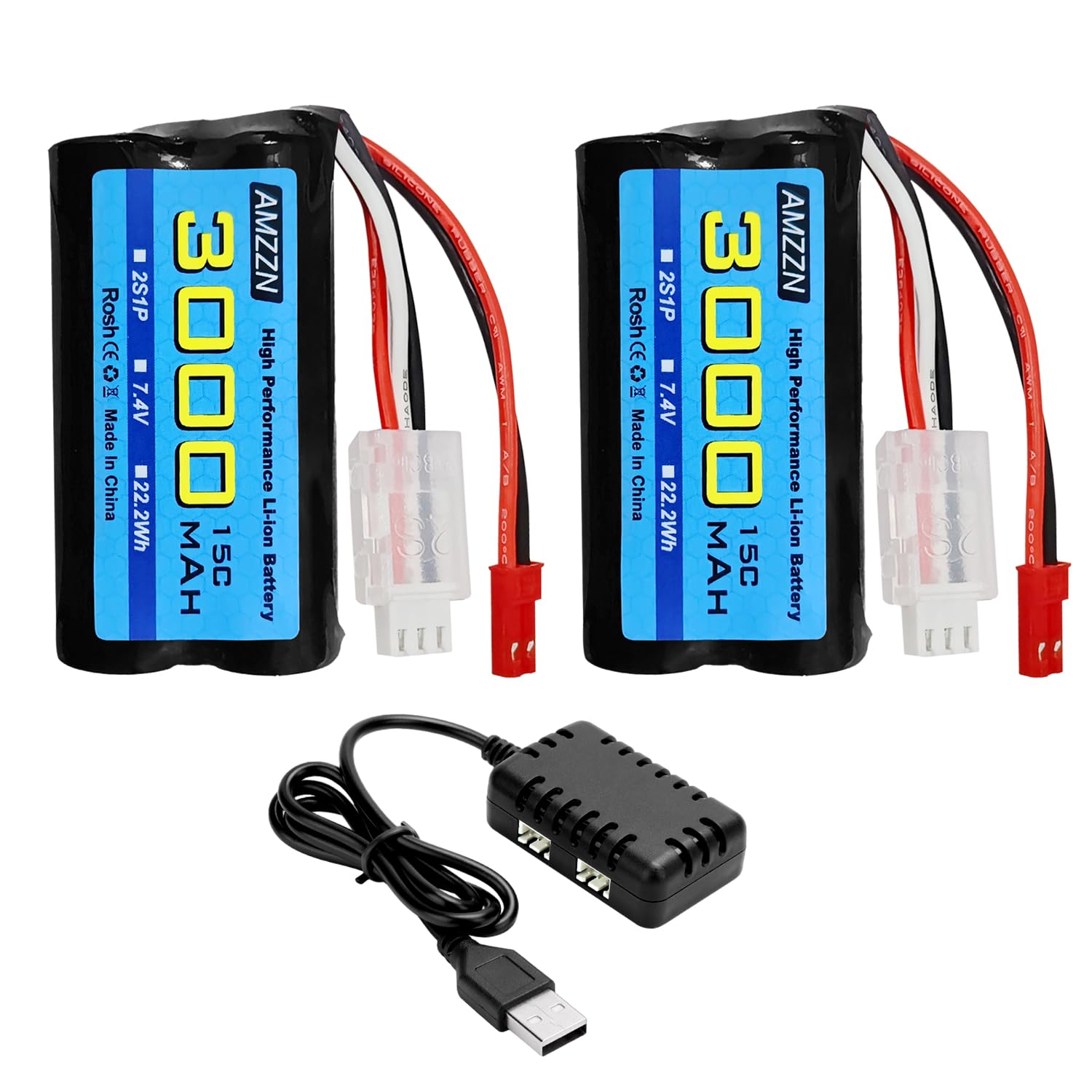 AMZZN 2PCS 7.4V 3000mAh 15C 2S JST-2P Plug Li-ion Battery with 2-in-1 Charger for UDIRC UD1601 UD1602 SG1603 RC Car, 1/10, 1/12, 1/16 Ratio RC Car,Truck RC Ship Engineering Vehicle Backup Battery