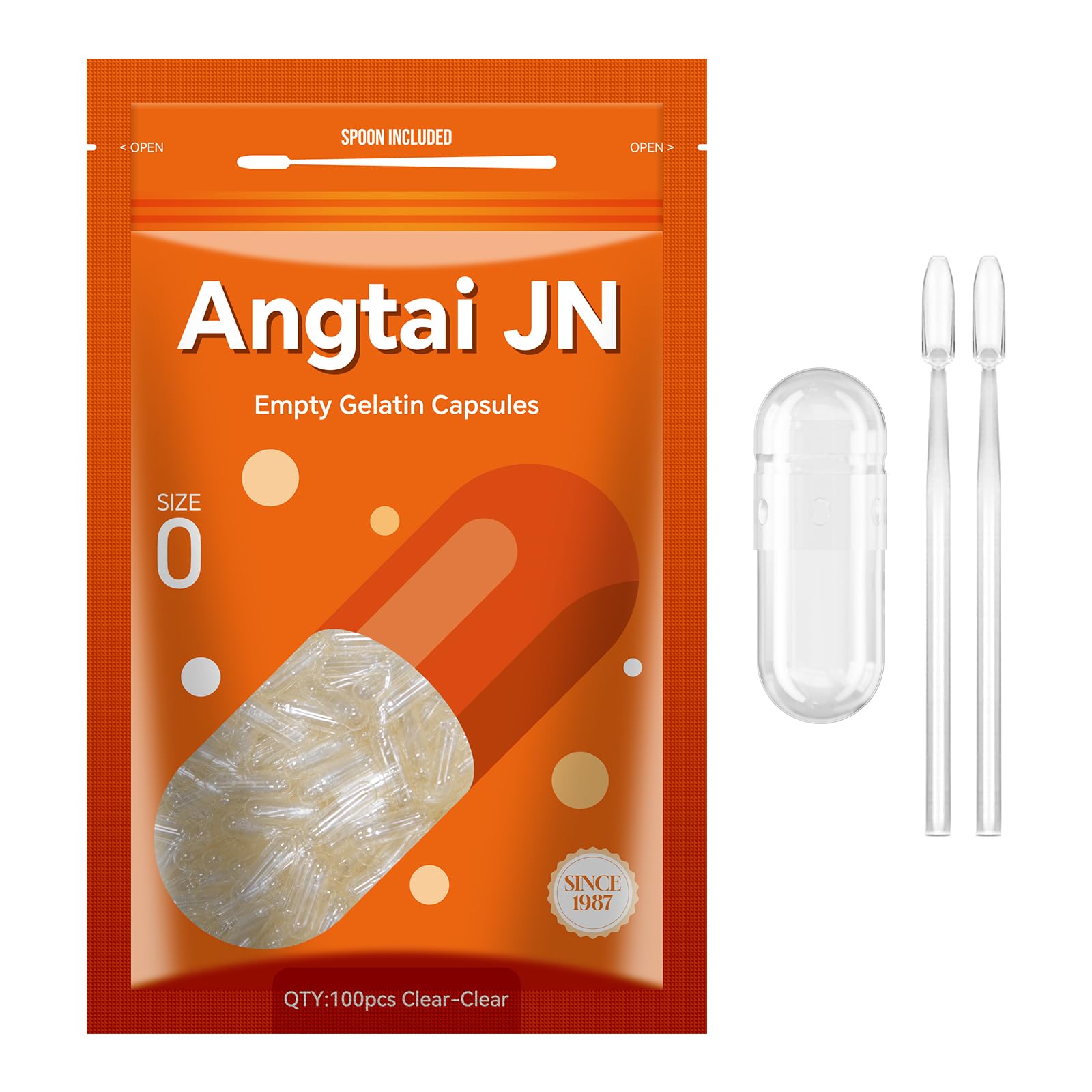 Angtai JN Empty Capsules Size 0 - Clear Gelatin Capsules Empty (100 Count) with Two Miro Lab Spoons - Gel Capsules Empty - DIY Pure Bovine Capsule Filling - Kosher, Gluten Free - Non-GMO Certified