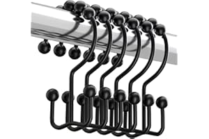 Titanker Black Shower Curtain Hooks Rings, Rust-Resistant Metal Double Glide Shower Hooks for Bathroom Shower Rods Curtains, Set of 12 Hooks - Matte Black