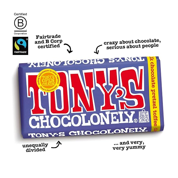 TONY’S CHOCOLONELY 42% DARK MILK CHOCOLATE BAR WITH PRETZEL AND TOFFEE BELGIUM CHOCOLATE, NO ARTIFICIAL FLAVORING, FAIRTRADE & B CORP CERTIFIED – 6.35 OZ