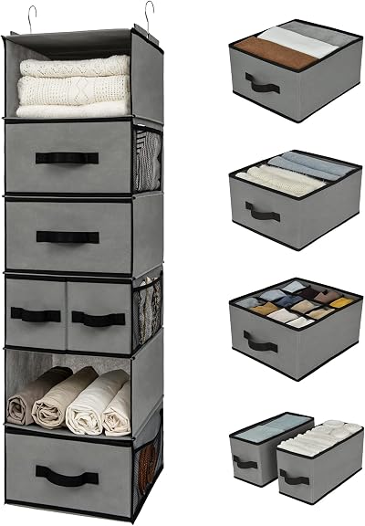 GRANNY SAYS 6 Shelf Hanging Wardrobe Organiser with Drawers & Side Pockets Grey