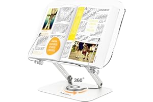 Acrylic Book Stand for Reading, Amasrich Adjustable Holder with 360° Rotating Base & Page Clips, Foldable Desktop Ricer for d