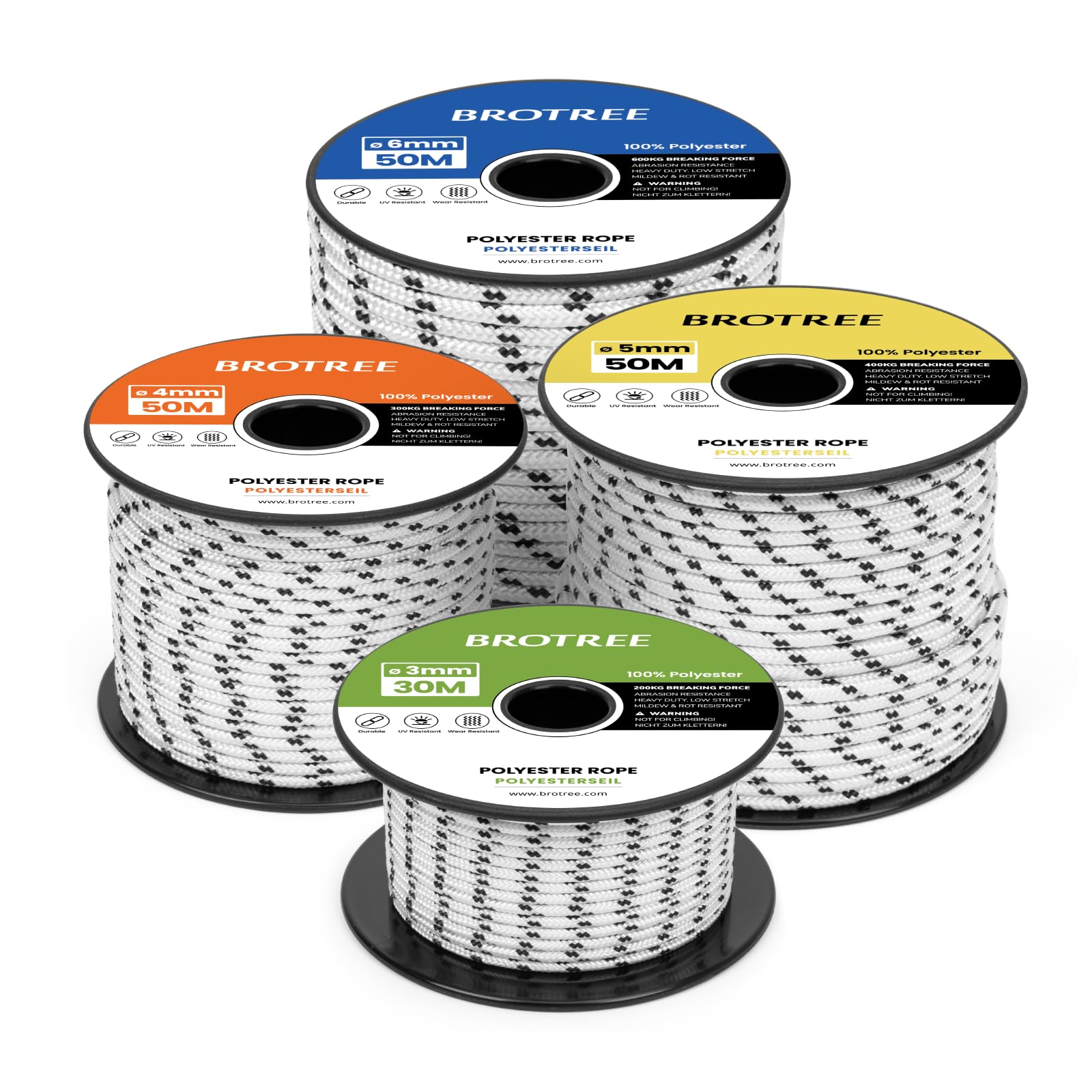 Brotree Braided Polyester Rope 3mm x 30m White/Black - Low Stretch Braided Polyester Cord for Marine, Boat, Mooring, Flagpole Halyard - 200KG Breaking Load