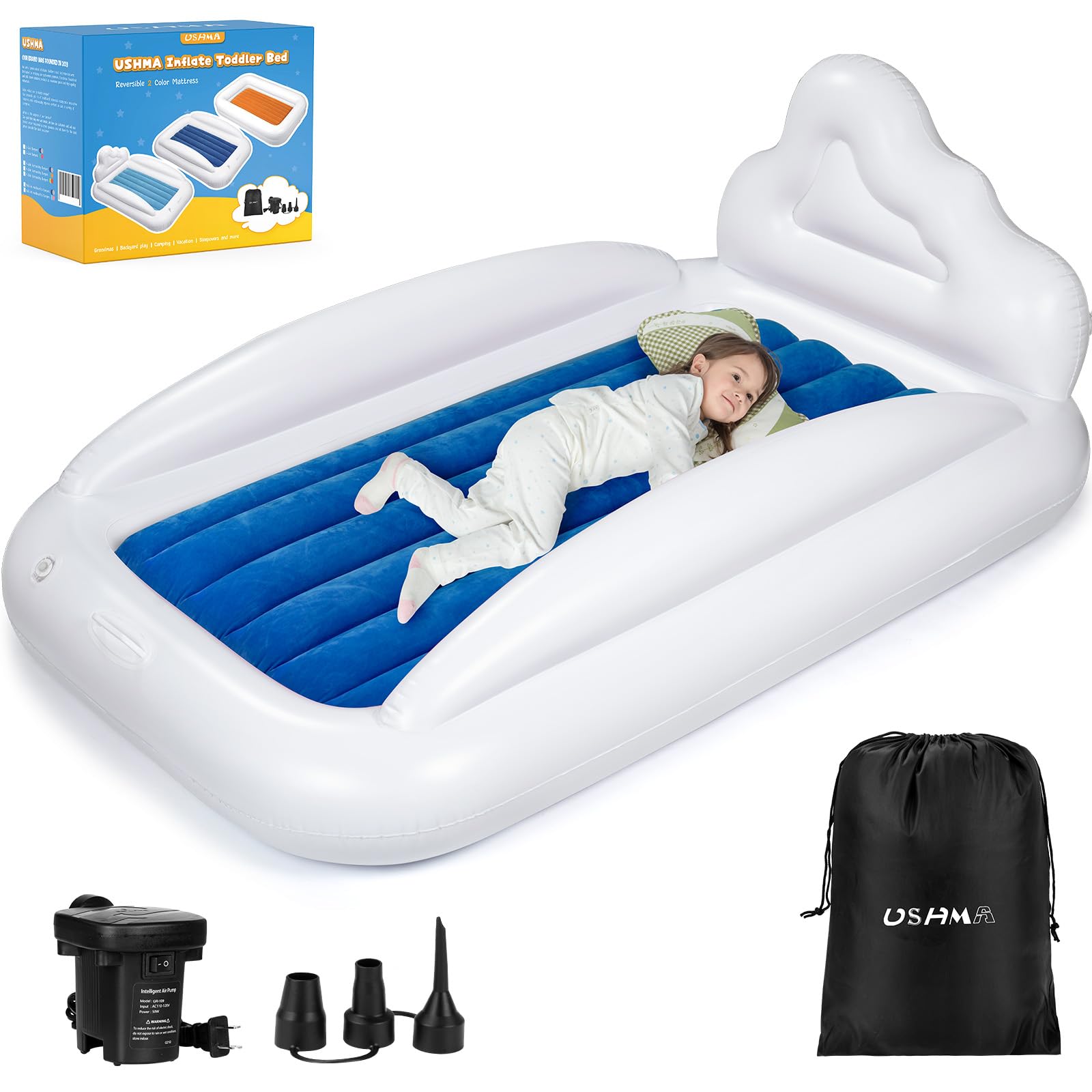 USHMA Inflatable Toddler Travel Bed, Toddler Air Mattress | Reversible 2 Color Kids Air Mattress | Portable Toddler Bed, Toddler Blow up Mattress with Sides for Travel, Sleepovers
