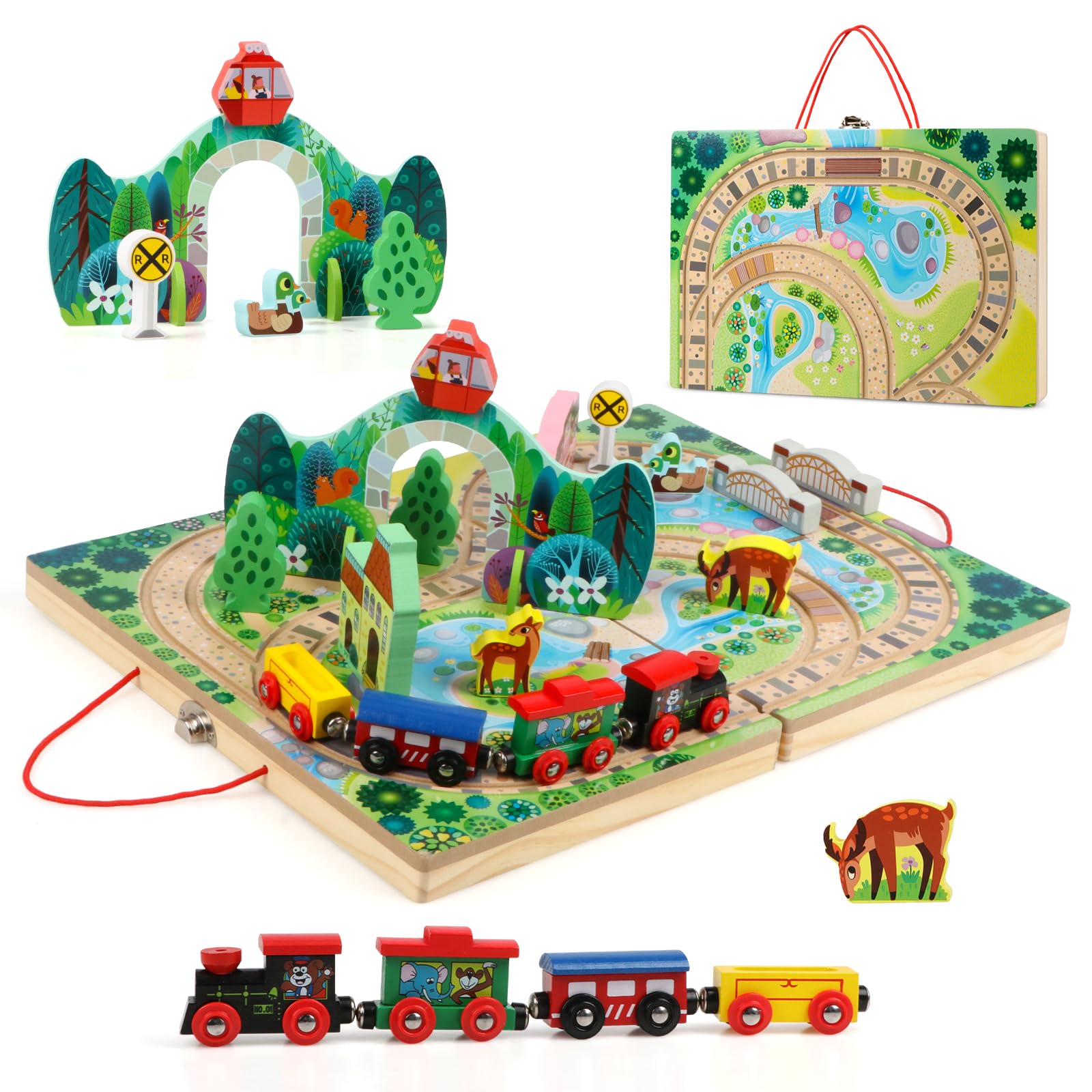 Jacootoys Wooden Take-Along Tabletop Railroad,4 Trains, Play Pieces, Bridge for Ages 3+ Girls Boys Gifts 18 PCS