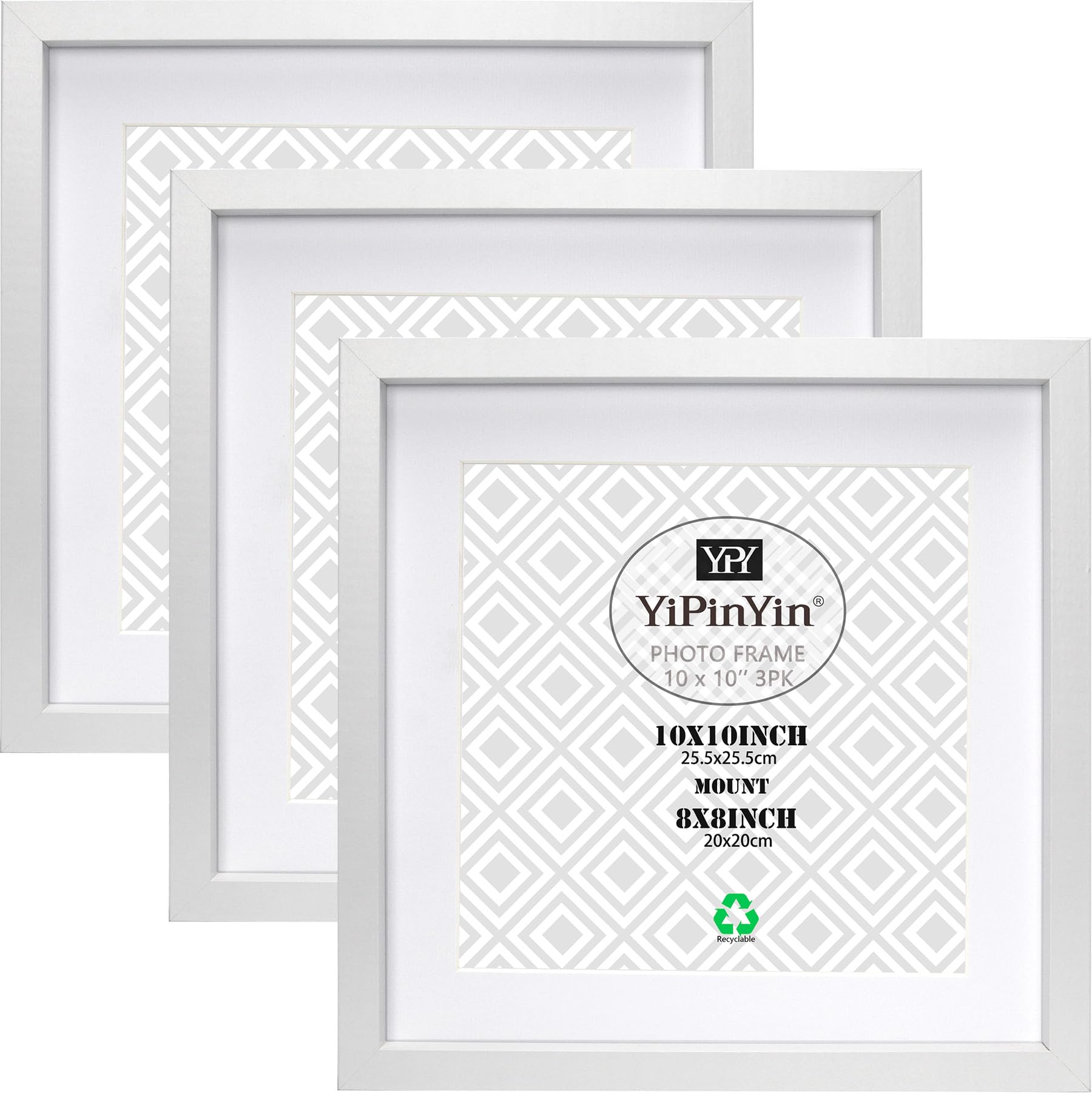 White 10x10'' Square Picture Frame Set Of 3,25 x25cm Picture Frame with Mount Displayed 8×8" Photo,Garllery Picture Frame 8x8'' 3 Set Stylish Photo Frame For Wall Mounted & DeskTop