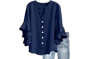 3/4 Ruffle Sleeve Cotton Linen Shirts for Women Dressy V Neck Beach Tunic Tops Elegant Summer Casual Work Blouses