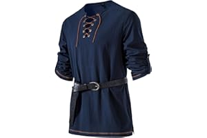 JEMITOP Men's Pure Cotton Vintage Lace Up Shirts for Pirate Renaissance Viking Medieval Costume Without Belt