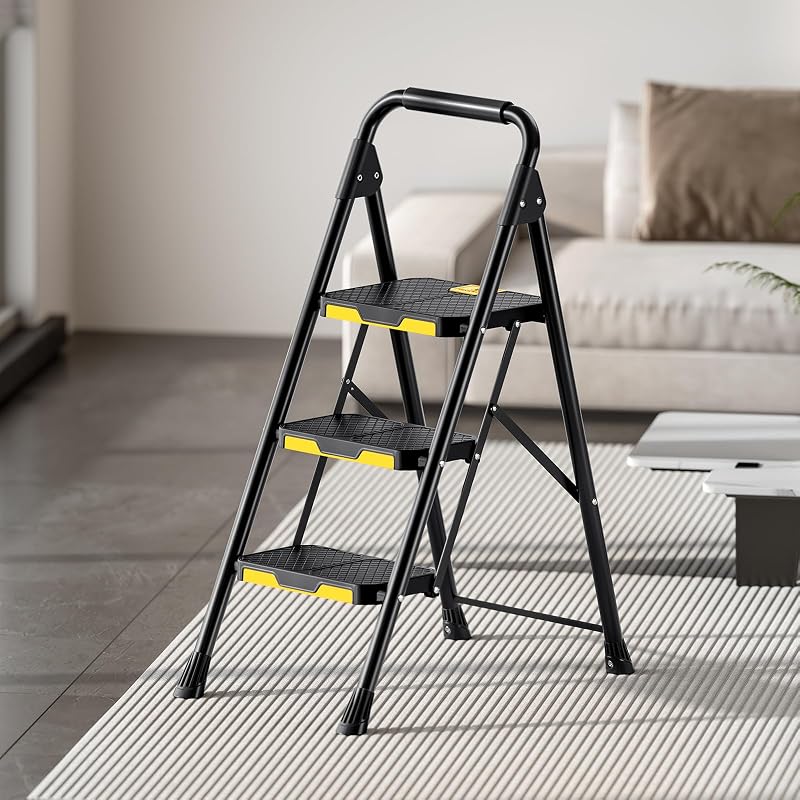 Escada dobrável de 3 degraus com fechadura de segurança, carga doméstica de tesoura até 360kg com pedal antiderrapante largo, corrimão, banco de aço para cozinha doméstica, preto